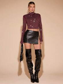 SHEIN BAE Women's Fashion Rhinestone Decor Stand Collar Cropped T-Shirt