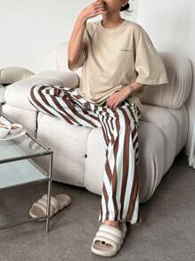 DAZY 2pcs Loose Striped Print Comfy Women Home Wear Pajama Set - Apricot - View 4