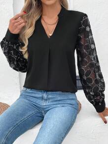 Breezaya Blusa de manga larga con cuello en V dorado de moda para mujer