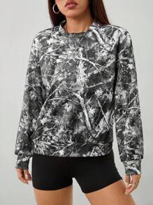SHEIN PETITE 复古迷彩 Branch Street 休闲简约图案印花圆领宽松长袖女式运动衫 - 黑色 - 查看 7