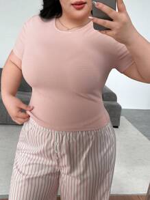 Flirla Plus Size Women Pink Striped T-Shirt And Pants 2 Pieces Casual Street Wear Set - Pink - View 5