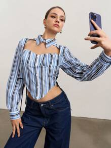 SHEIN Unity 女士秋季时尚条纹镂空不对称下摆衬衫