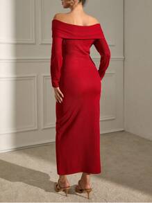 SHEIN Robe longue côtelée brillante à épaules Bardot