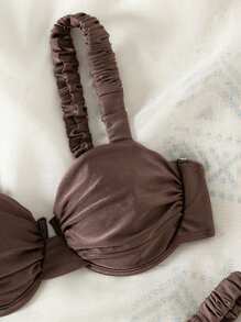 Swim Mod Women's Solid Color Sexy Ruched Tie Up Bikini Set, Summer Beach - Coffee Brown - View 2