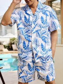 Manfinity Swimmode Men's Button Front Shirt With Allover Print & Shorts Beachwear Set, Casual,Hawaiian - Multicolor - View 1