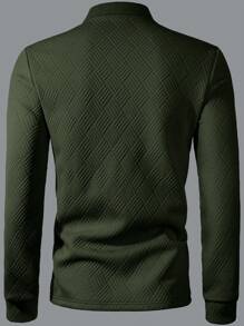 Manfinity Mode Men's Casual Solid Color Textured Long Sleeve Polo Shirt, Autumn, Green Polo Shirt Men, Textured Polo Shirt, Men's Business Casual Polo, For Fall - Army Green - View 2