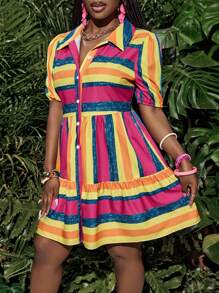 Slaydiva Vestido holgado con mangas abullonadas, estampado floral, apertura frontal y volantes, para verano 2025 - Multicolor - Ver 3