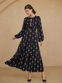 Aveloria Rosie Romantic Italian Style Two-Tone Bowknot Print Tie Front Hollow Out Round Neck Lantern Sleeve Dress For Women, Spring