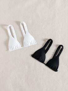 TrendSteals 2pcs Women Solid Black & White Pleated Shoulder Strap Beach Bikini Top, For Vacation For Summer - Black and White - View 5