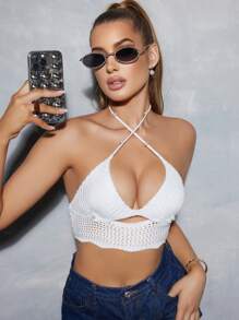 Swim EVENT Summer Women's Crochet Faux Pearl Decor Halter Beach Cover Up, Suitable For Dates, Parties, Music Festivals Valentine's Day