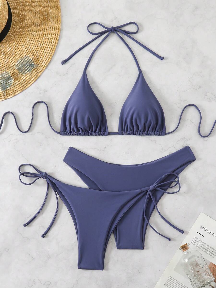 Swim Chiccia 3 Pcs Women's Halter Neck Tied Bikini Top And Bottom Swimwear Set Summer - Dusty Blue - View 1