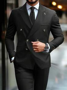 Manfinity Bizformal Men 2pcs Front Button Closure Long Sleeve Pocket Minimalist Top & Pants Suit Set - Black - View 4