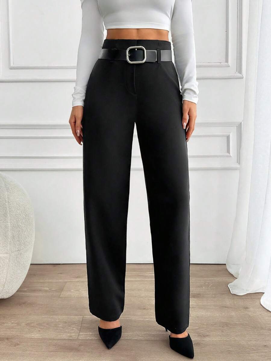 EURMUSE Women Solid Color High Waist Straight Pants With Belt - Black - View 1