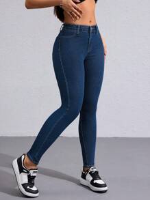 Flexra 女士时尚休闲斜口袋紧身牛仔裤 - 深色水洗藍 - 查看 5