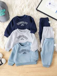 SHEIN Bộ 6 món/Bộ đồ sơ sinh cho bé trai/bé gái in chữ dễ thương, tay dài có mũ trùm đầu và quần dài cạp chun, thích hợp cho mùa thu đông, trong nhà và ngoài trời - Màu xanh lam - Xem 7