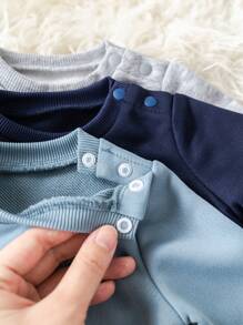 SHEIN Bộ 6 món/Bộ đồ sơ sinh cho bé trai/bé gái in chữ dễ thương, tay dài có mũ trùm đầu và quần dài cạp chun, thích hợp cho mùa thu đông, trong nhà và ngoài trời - Màu xanh lam - Xem 8
