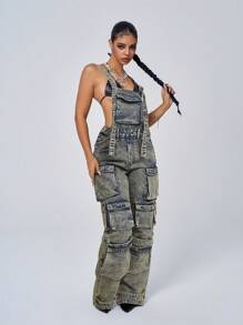 SHEIN ICON Solid Color Sleeveless Denim Overalls With Pockets And Thick Straps - Dark Wash - View 6