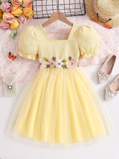 Glamorique Kids Flower Girl White Princess Dress For Wedding With Waist Belt, Young Girl Short Sleeve Tulle Holiday Party Dress