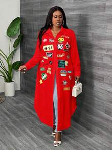 Slaydiva 大码女式休闲印花长袖衬衫裙