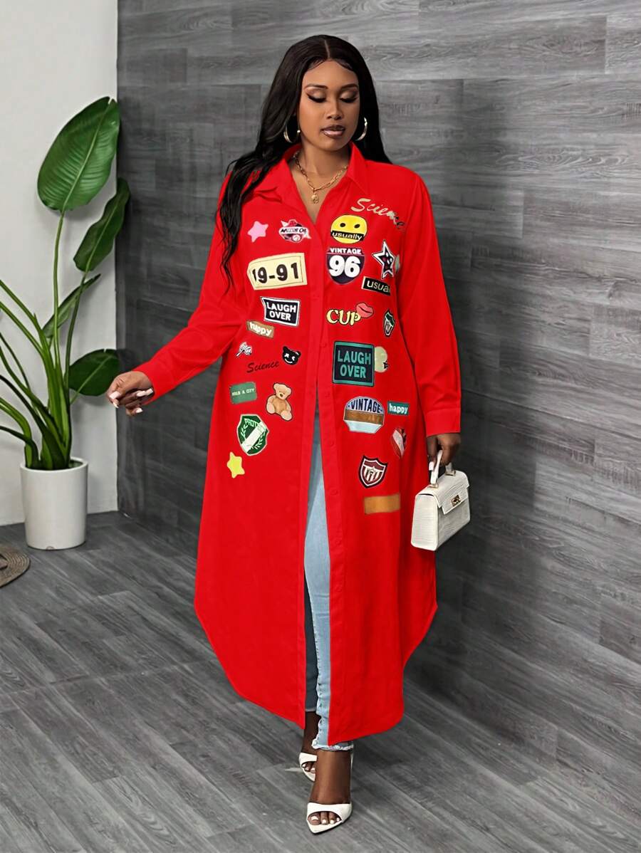 Slaydiva 大码女式休闲印花长袖衬衫裙