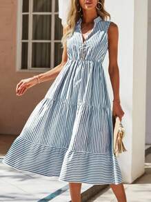 Breezaya Women's Front Button Sleeveless Striped Ruched Casual Midi Dress