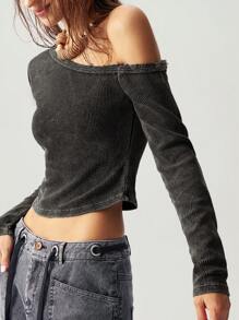 Bohemela Casual Solid Knitted Asymmetric Neck Long Sleeve Slim Fit Blouse For Women - Black - View 2
