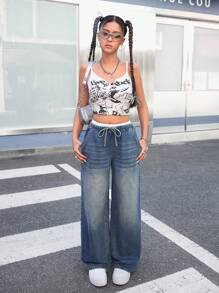 SHEIN 青少年女孩 Y2K 秋季时尚蓝白休闲条纹宽松阔腿牛仔裤，配撞色腰带和二合一设计 - 深色水洗藍 - 查看 4