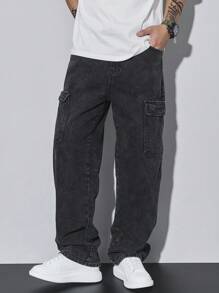 Manfinity Homme Men's Washed Dark Grey EZ Cargo Jeans, Loose Fit, Street Wear - Dark Grey - View 4