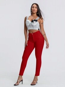 SHEIN SXY 女士口袋紧身休闲百搭牛仔裤，红色裤子 - 紅色 - 查看 3