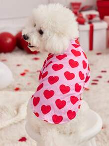PETSIN 1pc Valentine's Day Dog T-Shirt, Pink With Red Heart Print, Stretchy High Neck, Comfortable Casual Pet Clothing - Multicolor - View 2