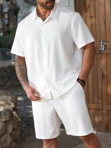 ResortEase Plus Size Men's Casual Solid Color Short Sleeve Shirt And Shorts Set