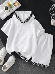 SHEIN Tween Boy Casual Textured Fabric Short Sleeve Shorts Hoodie Outfit Set - Khaki - View 8