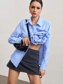 SURIMA Women Striped Long Sleeve Casual Shirt With 3D Floral Decor Single Button, Autumn