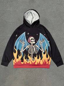 Sudadera con capucha para hombre con estampado de calavera y llamas de color contrastante