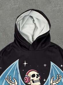 Sudadera con capucha para hombre con estampado de calavera y llamas de color contrastante