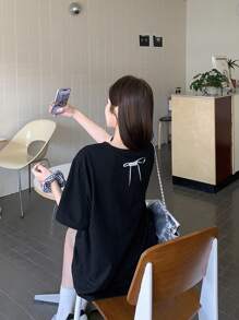 DAZY Women's Crew Neck Cartoon Puppy Bowknot Knot Short Sleeve T-Shirt Summer - Black - View 7