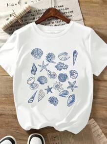 Flirla Plus Size Vintage Seashell Tee, Shell Summer Graphic T-Shirt Women Tops - White - View 1