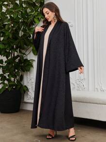 Al Najma 女式长袖提花纹理宽翻领阿拉伯长袍，朴素 - 黑色 - 查看 4