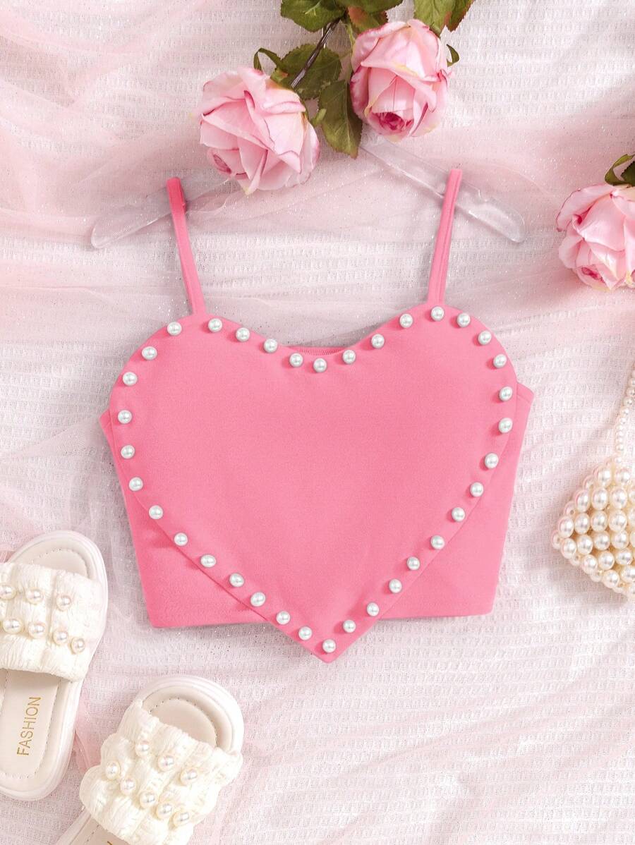 SHEIN Tween 女童合身心形仿珍珠装饰吊带背心