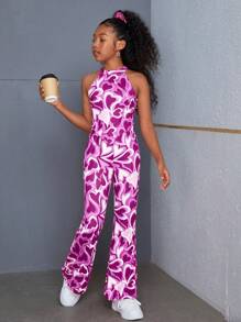 SHEIN Tween Girl Fitted Casual Heart Print Sleeveless Top And Flared Long 2 Pieces Set - Purple - View 4