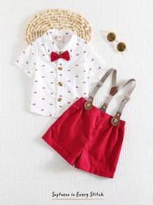 Cozy Pixies 2pcs Baby Boy Elegant Crown Pattern Contrast Color Bowknot Lapel Short Sleeve Shirt And Overalls Shorts Set, Formal Occasion - Burgundy - View 5