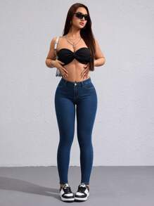 Flexra 女士时尚休闲斜口袋紧身牛仔裤 - 深色水洗藍 - 查看 2