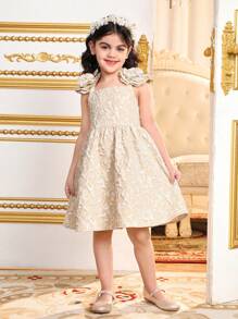 SHEIN Young Girl's Spring/Summer Matching Family Vacation , Holidays Woven Plain Elegant Off-Shoulder Solid Color Sleeveless 3D Rose Floral Decor Loose Casual Vacation Slip Dress,Cute & Elagant & Sweet & Fashionable.Partywear,Gorgeous Princess.