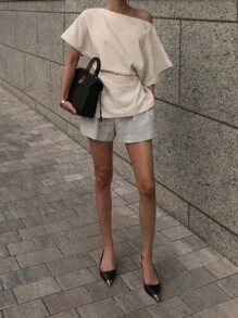 DAZY Áo sơ mi nữ tay ngắn hở vai đơn giản, trang phục thường ngày vải lanh Y2k - Màu be - Xem 4