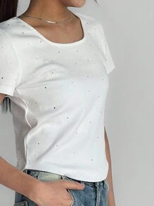 DAZY 1pc Women Rhinestone Decor Round Neck Fitted Short Sleeve White T-Shirt, Spring/Summer