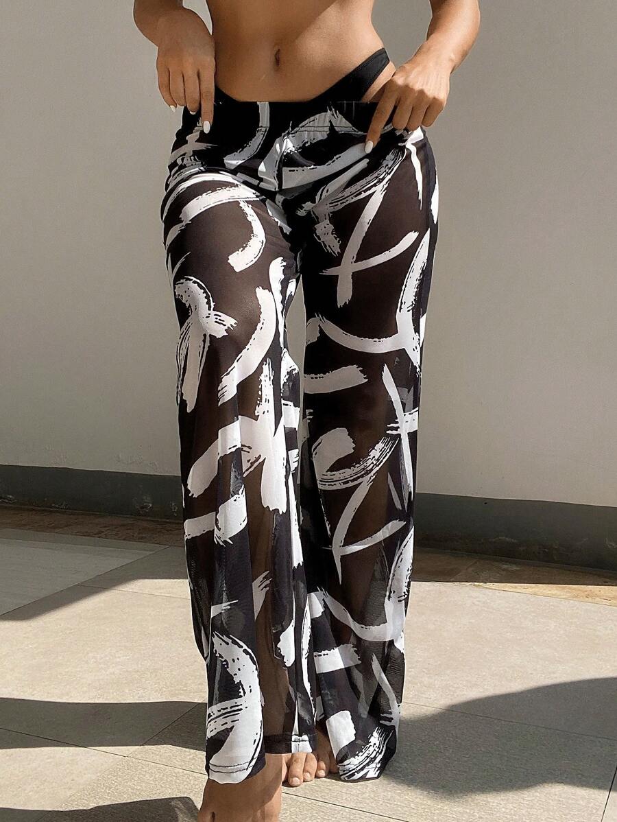 SHEIN Swim Women's Vacation Brush Print Elastic Waist Loose Coverup & Pants Set - Black and White - View 1