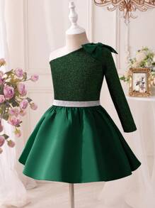 SHEIN Set de 2 piezas con top corto de un hombro con lazo y minifalda tejida para niñas jóvenes - Verde Oscuro - Ver 5