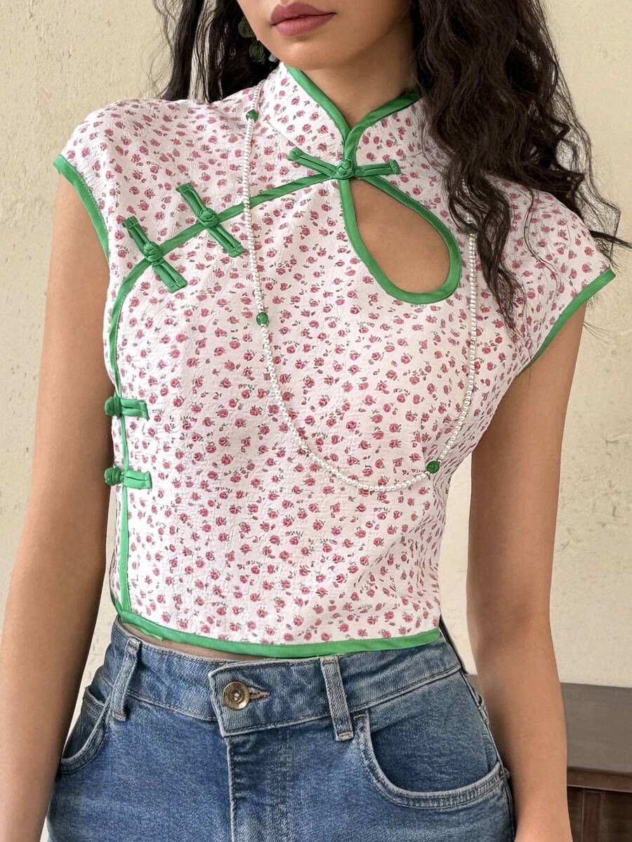 EastFlair Blusa informal con estilo nacional, de color y estampado de flores diminutas, de moda para llevar a diario