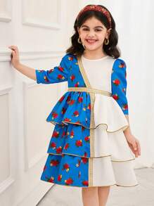 SHEIN Leap Crew Robe de jeune fille DRMZ tressée à motif floral Ditsy, patchwork de couleur unie, avec ornement de toile d'or, encolure ronde ajustée et manches courtes. Convient pour le port quotidien des filles, les festivals, les rassemblements familiaux et les occasions spéciales