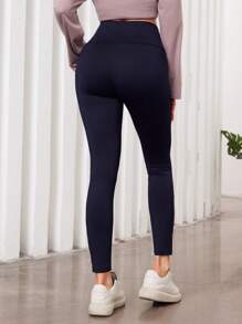 Mulvari Women's Navy Cross Wrap High Waist Slimming Elastic Skinny Leggings - Navy Blue - View 4